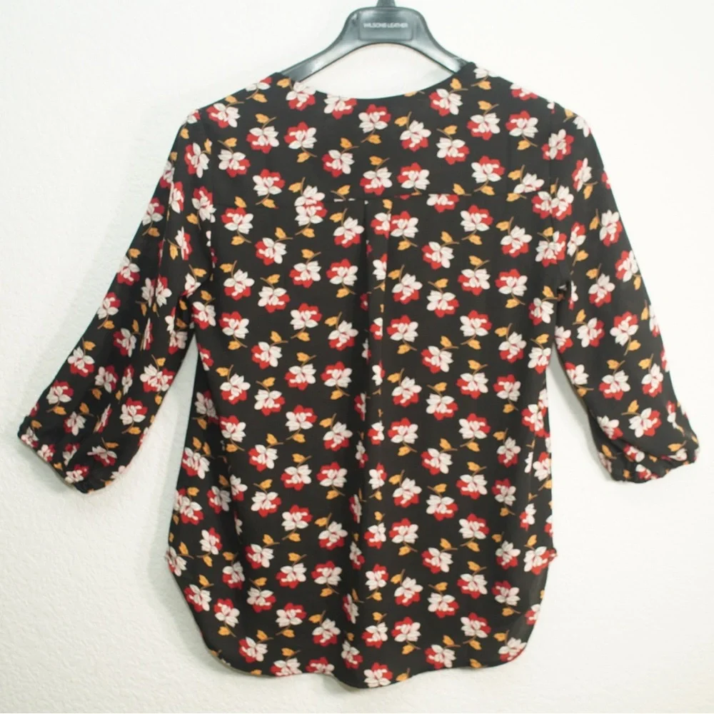 Pleione Blouse Womens Large 3/4 Long Sleeve Black Floral Print Shirt Lightweight - Picture 11 of 12